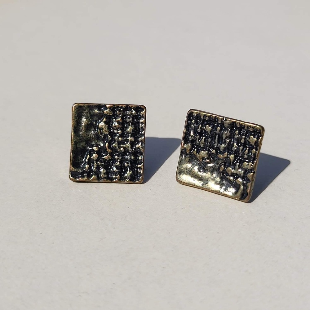 Vintage Metal Square Stud Earrings Small Gold Tone Textured Brutalist Geometric